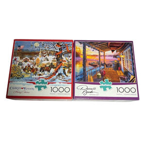 Lot of 2 Buffalo Charles Wysocki D. Bush Christmas 1000 Pieces Jigsaw Puzzles